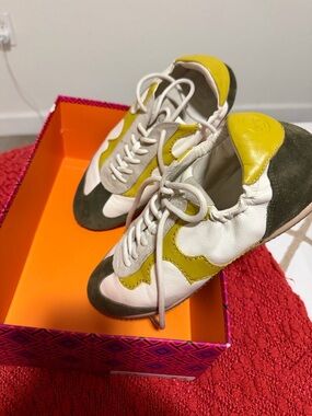 Tory Burch White, Olive and Yellow Low-Top Sneakers